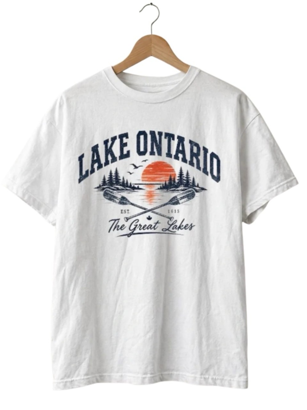White Lake Ontario Graphic Tee with Navy and Orange Print